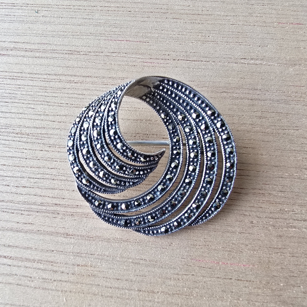 Antique Marcasite and Silver Swirl Brooch Art Deco